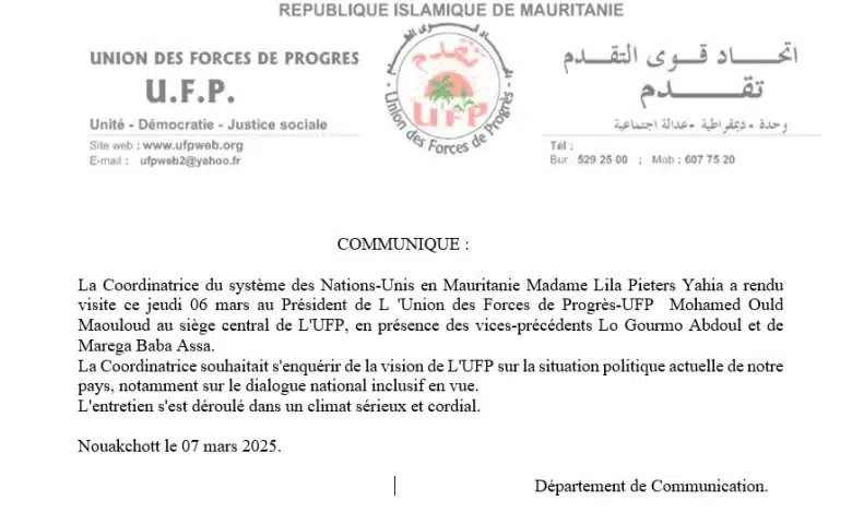 Rencontre entre la Coordinatrice du Système des Nations-Unies et l'Union des Forces de Progrès :