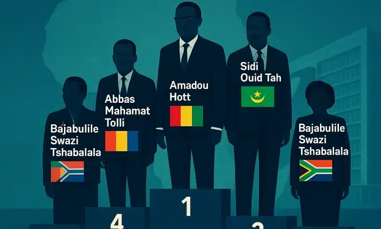Un podium à cinq marches, représentant les cinq candidats, avec des silhouettes ou portraits vectorisés