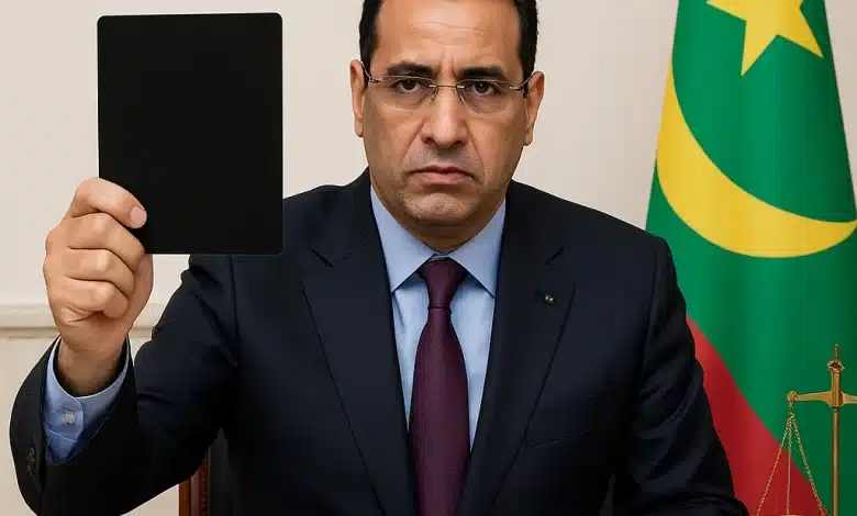 Moctar Ould Diay tenant un carton noir dans un bureau officiel, symbolisant une mesure stricte sur les marchés publics, avec le drapeau mauritanien en arrière-plan.