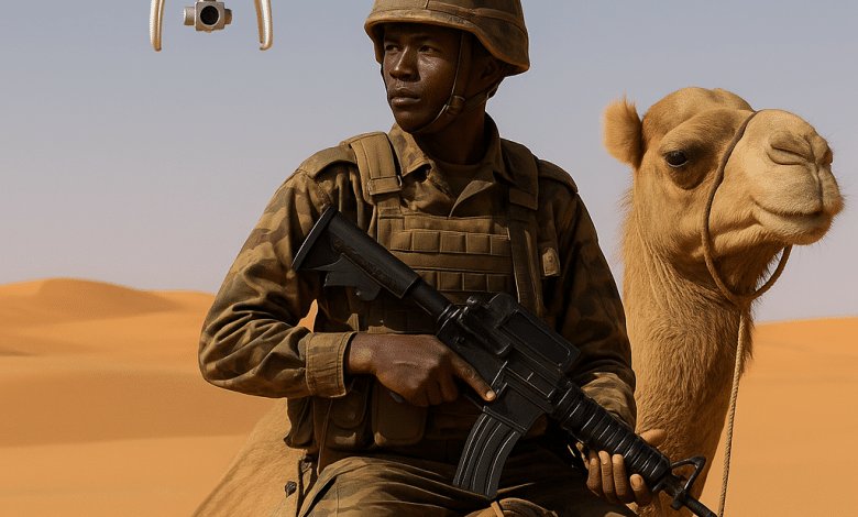 Soldat mauritanien en uniforme de camouflage sur un dromadaire dans le désert, surveillant la zone avec un drone en vol.