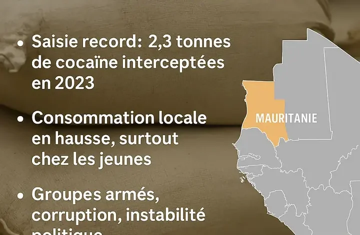 Infographie sur le trafic de drogue en Mauritanie montrant une carte de l’Afrique de l’Ouest avec la Mauritanie en surbrillance, et des faits clés tels que la saisie de cocaïne, l’augmentation de la consommation locale, et les implications sécuritaires.
