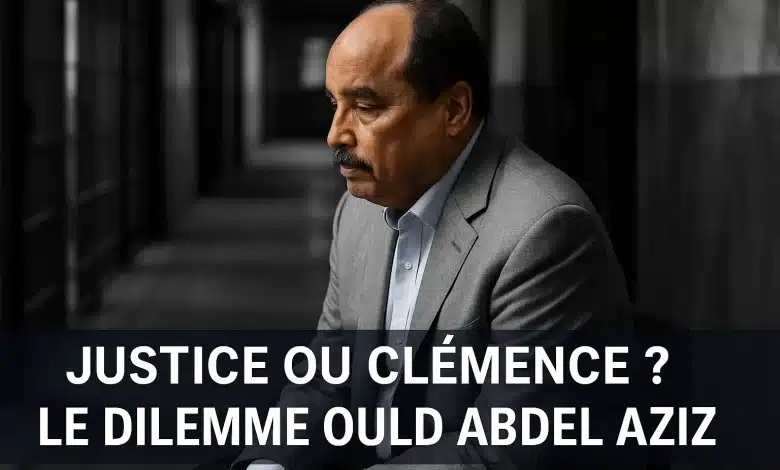 Image en noir et blanc d’un couloir de prison ou de cellule vide, floutée en arrière-plan. Au centre ou légèrement à droite, un portrait de Mohamed Ould Abdel Aziz (photo officielle ou de procès, en couleur ou en demi-teinte) en position assise ou de profil, l’air fatigué ou pensif.