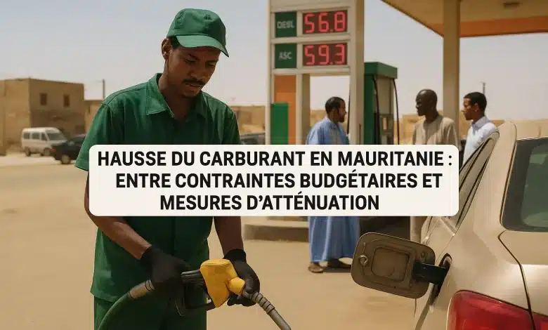 Un pompiste en uniforme remplissant le réservoir d’un véhicule devant une station-service en Mauritanie, sous un ciel chaud et ensoleillé, avec des prix du carburant affichés bien en évidence. En arrière-plan, quelques citoyens discutent, illustrant une préoccupation populaire. Les teintes chaudes (ocre, sable, bleu clair) donnent un ton local et réaliste.