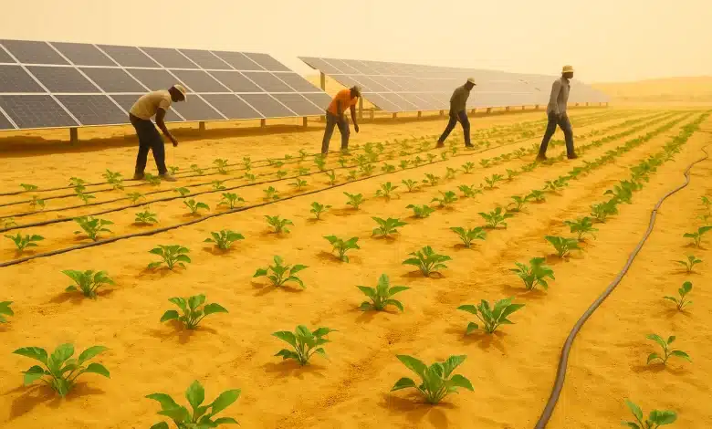 Des travailleurs mauritaniens cultivent des légumes dans le désert de Bir El Barka, avec des panneaux solaires et un système d’irrigation, fruit du partenariat écologique entre la Chine et la Mauritanie.