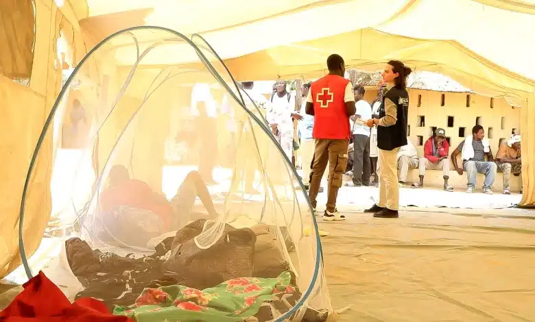 À l’intérieur d’une tente à Rosso, des migrants se reposent pendant que le personnel des organisations humanitaires leur apporte un soutien. ©CINU Dakar