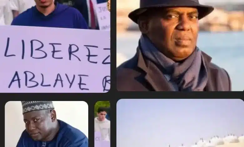 Portraits de Biram Dah Abeid, Abdoulaye Ba et manifestants appelant à sa libération devant un tribunal en Mauritanie.
