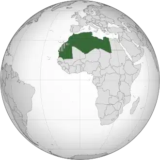 Carte du Maghreb montrant la position de la Mauritanie, du Maroc, de l'Algérie, de la Tunisie et de la Libye et le Sahara occidental sur un globe