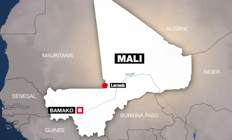 Carte du Mali au Sahel montrant ses frontières avec la Mauritanie, l'Algérie, le Niger, le Burkina Faso, la Guinée et le Sénégal, avec localisation de Bamako et de la ville de Lerneb près de la frontière mauritanienne.