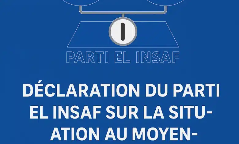 Déclaration officielle du Parti El Insaf sur la situation au Moyen-Orient avec le logo du parti.