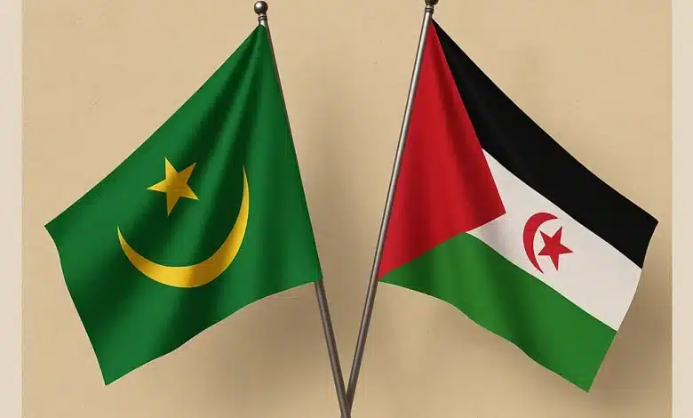 Drapeaux de la Mauritanie et de la République arabe sahraouie démocratique croisés, symbolisant les liens fraternels et la position neutre de Nouakchott.