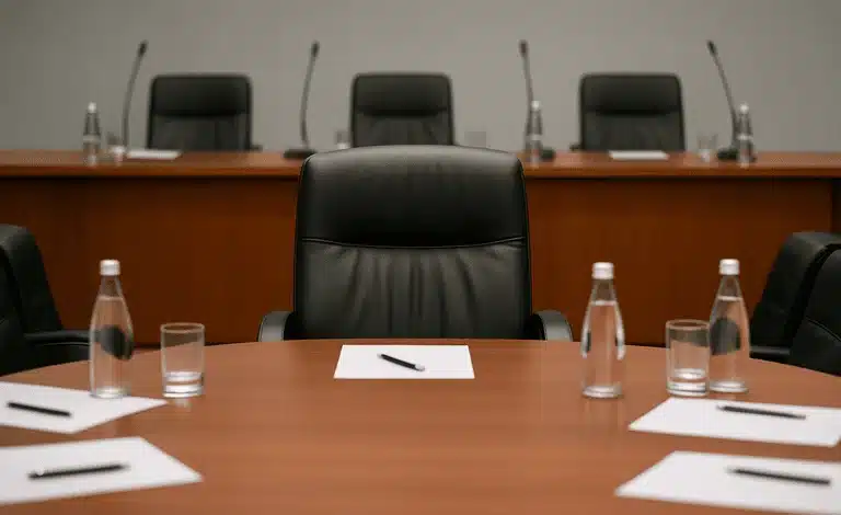 Fauteuil vide en cuir noir au milieu d’une table ronde de conférence, symbolisant l’absence d’un participant-clé.