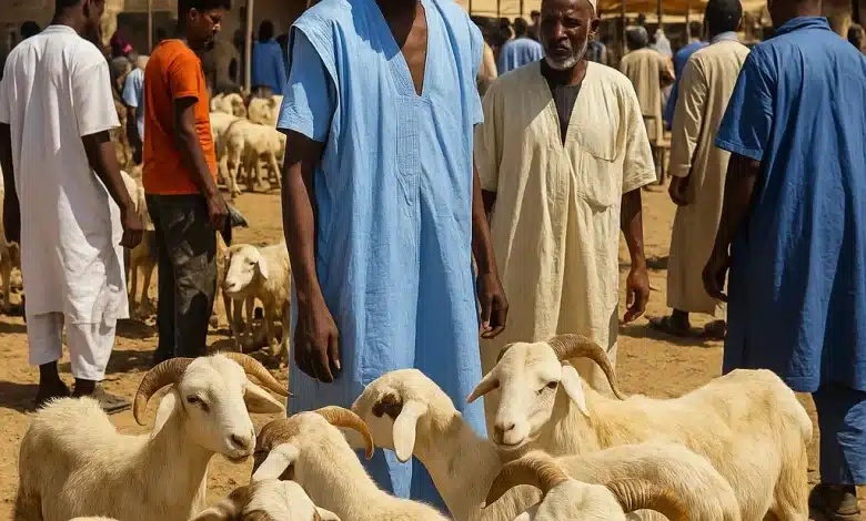 Moutons en vente sur un marché mauritanien avant la fête de Tabaski