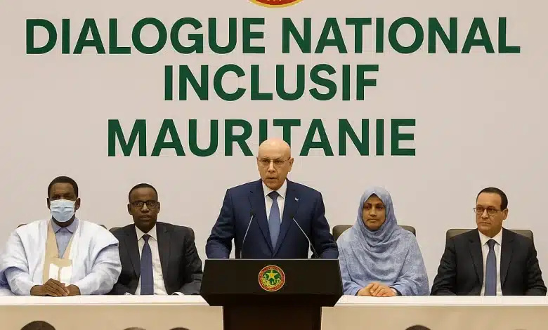 Le président Mohamed Ould Cheikh El Ghazouani prononce un discours d’ouverture devant un panel mixte lors du Dialogue national inclusif à Nouakchott.