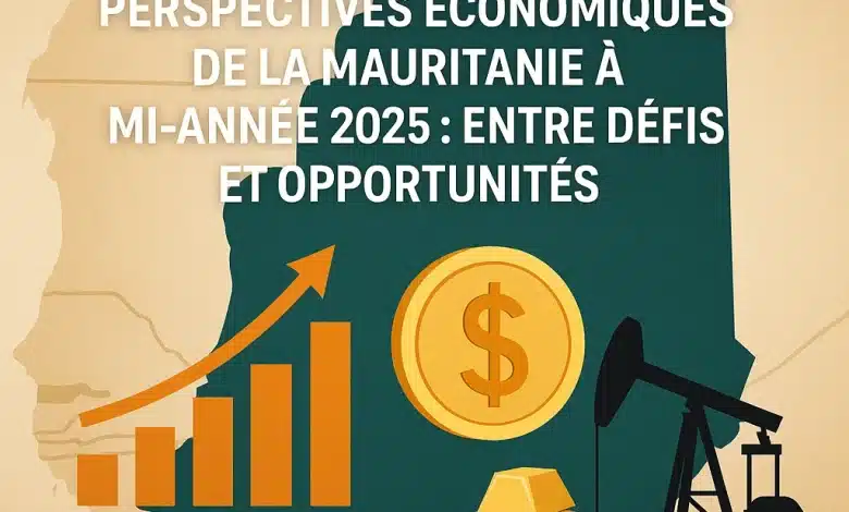 Graphique illustrant les principaux indicateurs macroéconomiques de la Mauritanie à mi-année 2025 : croissance du PIB, inflation, déficit budgétaire et solde courant.
