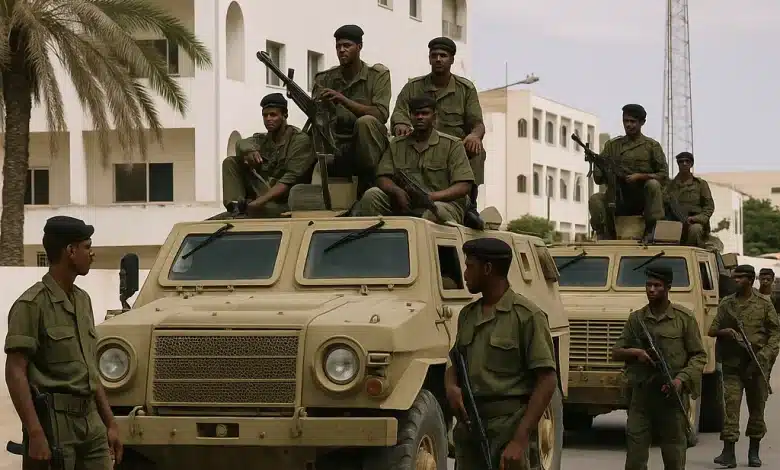Soldats mauritaniens sur des véhicules blindés devant un bâtiment gouvernemental à Nouakchott pendant un coup d’État
