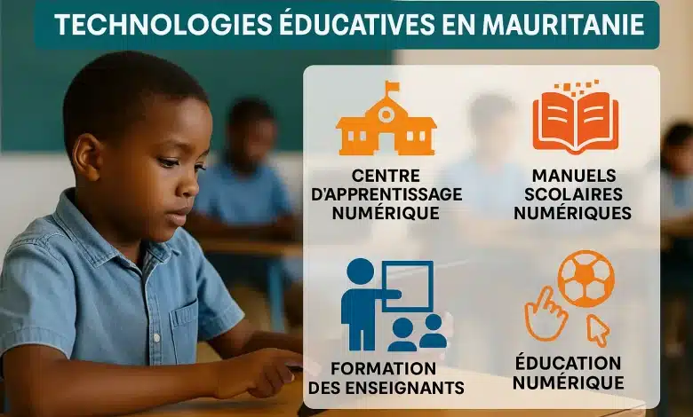 Élève mauritanien utilisant une tablette en classe, avec des icônes représentant le centre d’apprentissage numérique, les manuels scolaires numériques, la formation des enseignants et l’éducation numérique