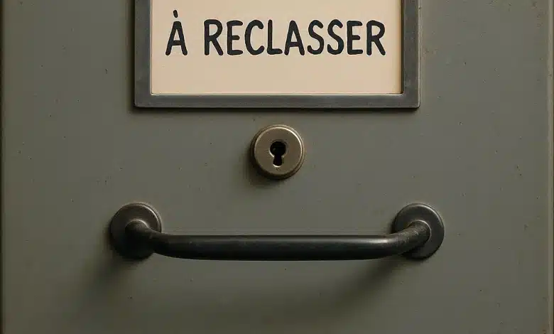 Vue rapprochée d’un tiroir de bureau usé avec une étiquette “À reclasser”, symbole de l’oubli administratif