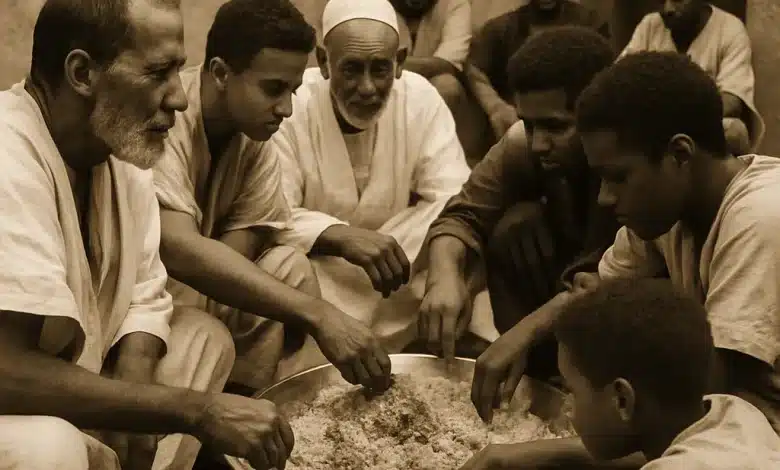 Des hommes mauritaniens de différentes générations partagent un repas traditionnel dans une cour, assis autour d’un grand plat, dans une ambiance chaleureuse.