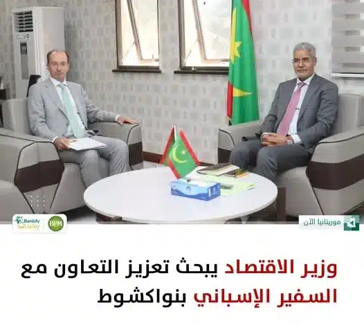 أجرى وزير الاقتصاد والمالية، سيد أحمد ولد أبُوه، أمس بنواكشوط، مباحثات مع السفير الإسباني المعتمد لدى موريتانيا، بابلو باربارا غوميز.