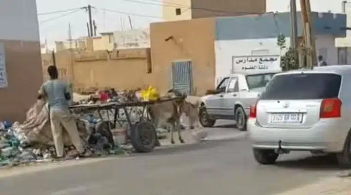 Un homme vidant une charrette d’ordures au milieu d’un carrefour à Nouakchott, devant des passants et véhicules.