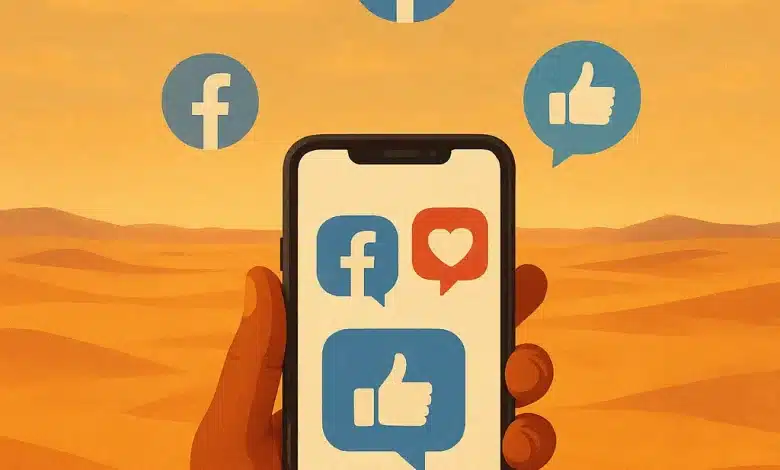 Illustration d’un smartphone tenu dans une main au milieu du désert mauritanien, affichant des icônes de réseaux sociaux comme Facebook et Twitter.