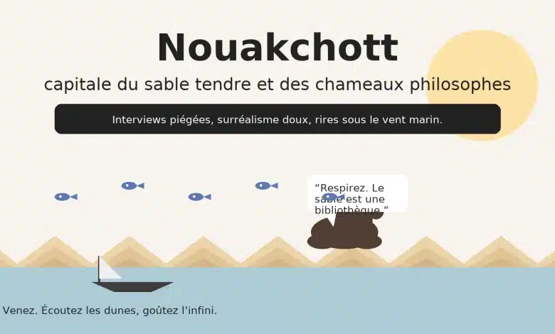 Affiche surréaliste de Nouakchott avec dunes, pirogue, soleil et dromadaire méditant