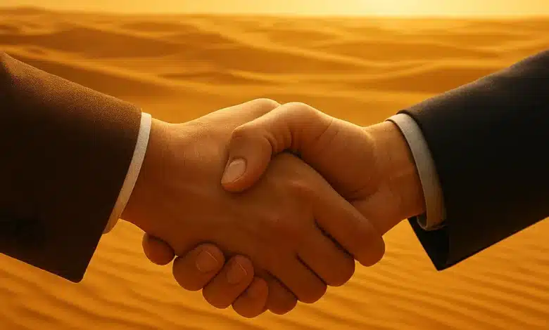 Aziz, Bouamatou et Ghazouani : du pouvoir à la réconciliation, la Mauritanie face à ses fractures 1 Une poignée de main symbolique sur fond de désert doré — signe d’un rapprochement possible et d’un horizon commun.