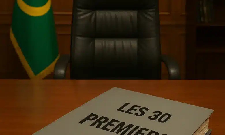 Un bureau ministériel en Mauritanie avec un dossier gris intitulé « Les 30 premiers jours » posé sur une table en bois, à côté du drapeau mauritanien.