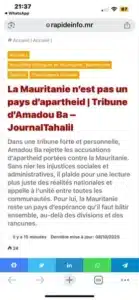 Capture d’écran d’un article sur mobile intitulé "La Mauritanie n’est pas un pays d’apartheid" publié sur rapideinfo.mr