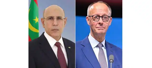 Entretien téléphonique entre le Président Ghazouani et le Chancelier allemand Friedrich Merz 1 Montage montrant les deux présidents politiques posant individuellement devant un fond institutionnel.