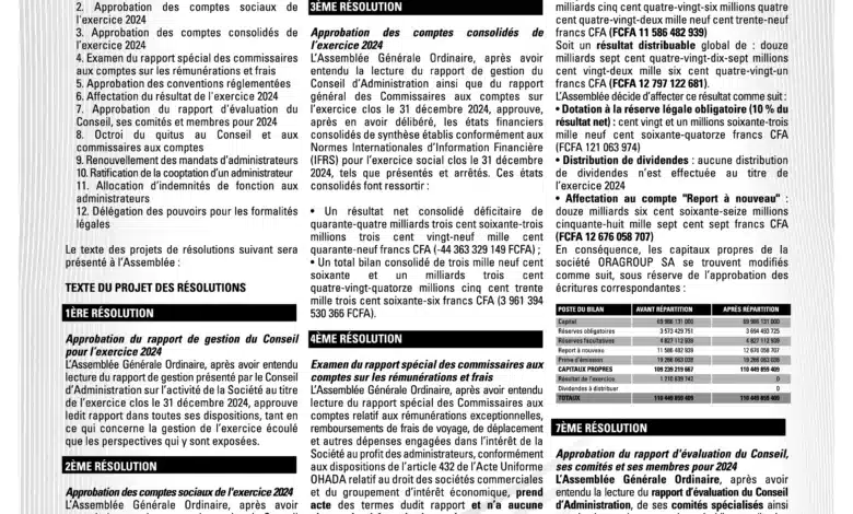 ORAGROUP : Convocation des actionnaires pour l’Assemblée Générale du 5 décembre à Lomé 1 L’avis officiel scanné / communiqué ORAGROUP
