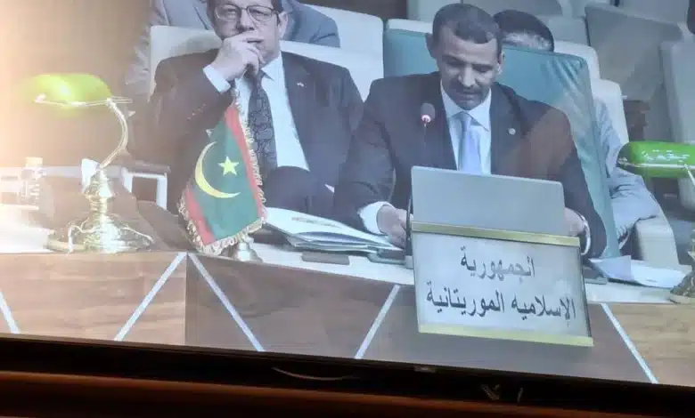 Le représentant de la Mauritanie prenant la parole lors de la 55ᵉ session du Conseil des ministres arabes de l’Information, avec le drapeau national et la plaque officielle.