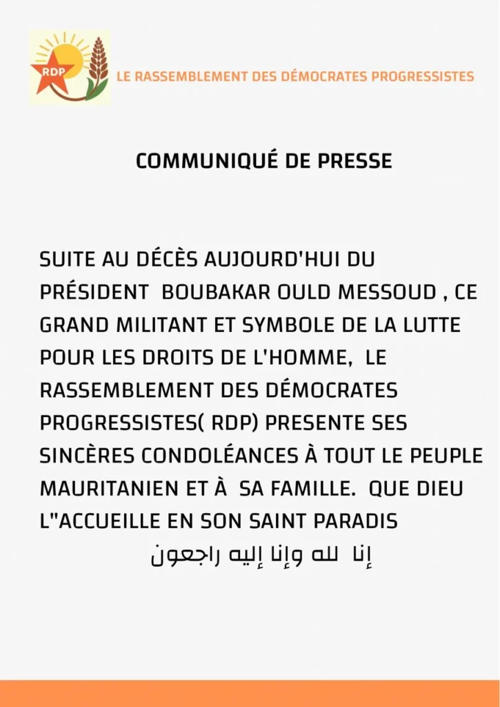 Décès de Boubacar Ould Messaoud : Hommage au Fondateur de SOS Esclaves 2 Réaction du Rassemblement des Démocrates Progressistes