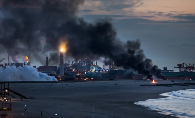 Guerre en Iran : Le désastre écologique qui survivra aux combats 1 Panache de fumée noire s'élevant d'une raffinerie en feu dans le golfe Persique, illustration du désastre écologique.