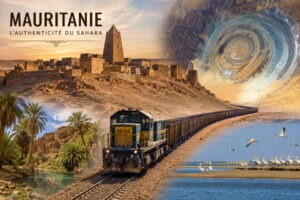 Pourquoi la Mauritanie devient la destination saharienne la plus authentique d'Afrique 4 Montage illustrant la Mauritanie avec une cité ancienne, le train minéralier, une oasis, le désert, le littoral et l'œil du Sahara.