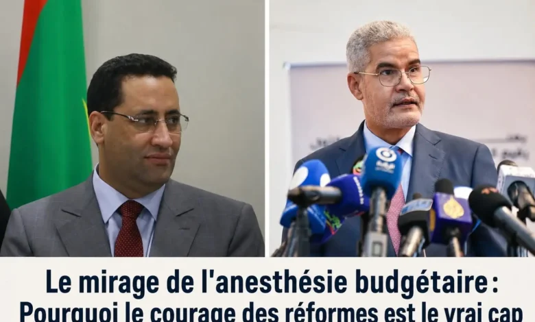 Le mirage de l'anesthésie budgétaire : Pourquoi le courage des réformes est le vrai cap 1 Montage photo montrant le Premier ministre mauritanien Mokhtar Ould Djay et un ancien ministre, avec le titre "Le mirage de l'anesthésie budgétaire