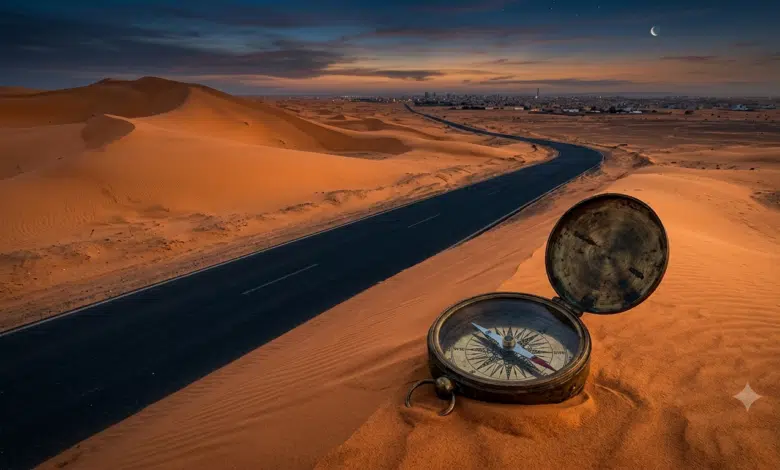 La Mauritanie, ou le pays qui marche sans boussole 1 Boussole brisée sur le sable du désert mauritanien en bordure de route, illustrant le manque de direction politique.
