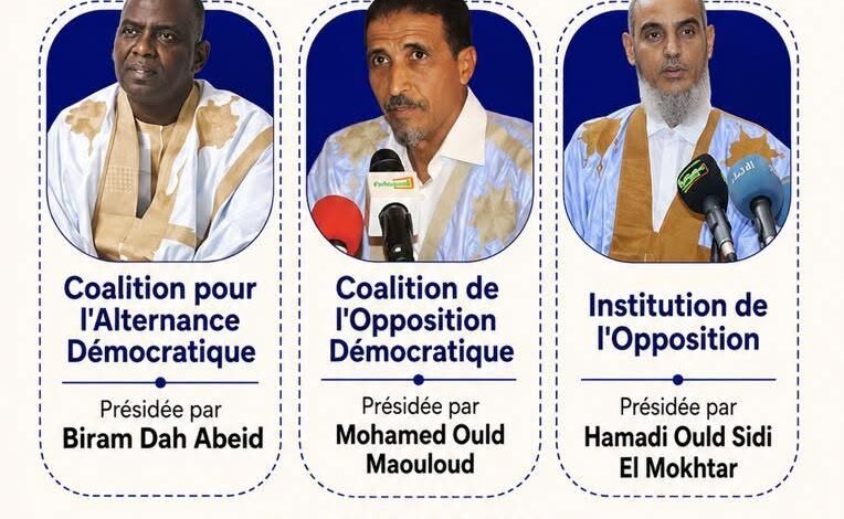 Mauritanie : L’opposition unie appelle à un grand meeting à Nouadhibou ce dimanche contre la cherté de la vie 1 Affiche officielle du grand meeting de l'opposition mauritanienne à Nouadhibou prévu le dimanche 5 juillet 2026, montrant les trois leaders Biram Dah Abeid, Mohamed Ould Maouloud et Hamadi Ould Sidi El Mokhtar.