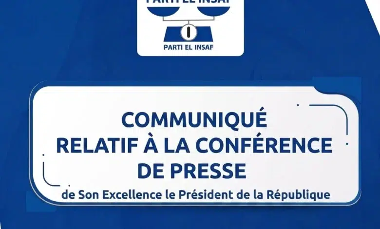 Parti El Insaf – Communiqué n° 14/2026 : À propos de la conférence de presse du Président de la République 1 Affiche officielle du Parti El Insaf annonçant le communiqué relatif à la conférence de presse du Président de la République.