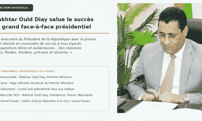 Grand oral du Chef de l’État : Mokhtar Ould Diay salue un exercice démocratique « réussi et fondateur » 1 Portrait de Mokhtar Ould Diay, Premier ministre de Mauritanie, travaillant à son bureau avec un microphone et des dossiers.