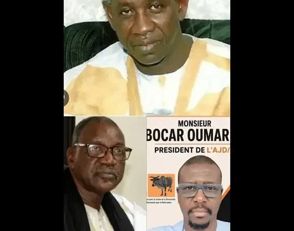 Bocar Oumar Ba : Nouveau Président de l'AJD/MR - Une Transition en Douceur 1 Montage de photos montrant Ibrahima Moctar Sarr (en haut), Ba Mamadou (en bas à gauche) et un poster de Bocar Oumar Ba avec le logo de l'AJD/MR (en bas à droite).