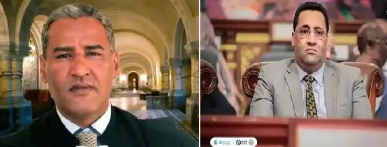 Ould Moine vs Ould Djay : La gouvernance à l'épreuve 1 Montage photo montrant l'avocat Mohamed Ould Moine à gauche et le Premier ministre mauritanien Moctar Ould Djay à droite lors d'une séance publique.