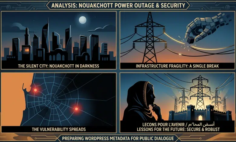 Incendie de transformateurs à Nouakchott : l'alerte sur la vulnérabilité de la Mauritanie 1 Illustration conceptuelle montrant la ville de Nouakchott plongee dans l'obscurite et des lignes electriques, symbolisant la fragilite des infrastructures et les risques de securite nationale.