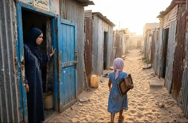 El Mina, Sebkha, Dar Naïm : le silence qui tue les fillettes | Rapide Info 1 Une mère mauritanienne au pas de sa porte en tôle à El Mina surveille sa fille marchant avec une tablette coranique dans une ruelle de sable.