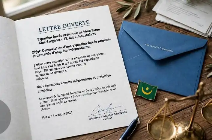 Expulsion forcée à Nouakchott : Lettre ouverte et appel à la justice pour Mme Fatou Kiné Sanghott 1 * Lettre ouverte dénonçant l'expulsion forcée de Mme Fatou Kiné Sanghott à Nouakchott, accompagnée d'une enveloppe, d'un drapeau mauritanien et d'une balance de justice.