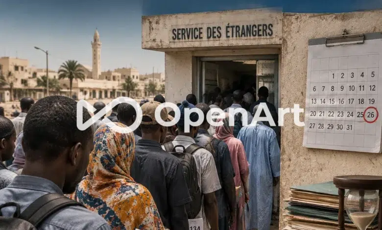 Mauritanie : la carte de séjour, un sésame qui se fait attendre 1 Une file d'attente d'étrangers devant le Service des Étrangers à Nouakchott avec un calendrier et un sablier symbolisant les délais de carte de séjour.