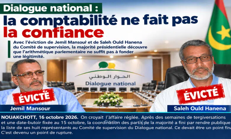 Dialogue national : la comptabilité ne fait pas la confiance 1 Visuel d'actualité politique intitulé 'Dialogue national : la comptabilité ne fait pas la confiance' montrant les portraits de Jemil Mansour et Saleh Ould Hanena estampillés du tampon 'ÉVICTÉ', avec le drapeau mauritanien et la salle de conférence en arrière-plan.