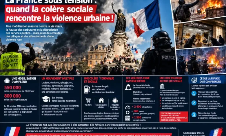 La France sous tension : colère sociale et violences urbaines (Oct. 2026) 1 Infographie résumant la crise sociale et les violences urbaines du 17 octobre 2026 en France : chiffres des manifestations, revendications et bilans des dégâts.