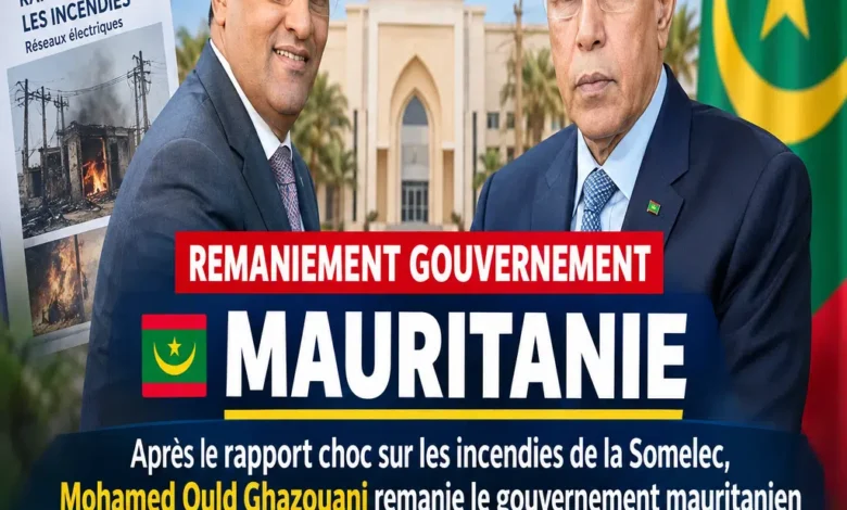 Remaniement Gouvernement Mauritanie : Ghazouani change de ministres mais garde son PM 1 Montage présentant le président Mohamed Ould Ghazouani, le Premier ministre Moctar Ould Diay et un rapport sur les incendies de la Somelec en Mauritanie.