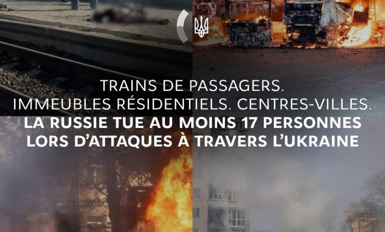 Sommet Russie-Afrique : Kyiv dénonce des frappes meurtrières sur des civils 1 Visuel montrant un montage de destructions en Ukraine : train touché à une gare, véhicules en feu et immeuble endommagé par des attaques.